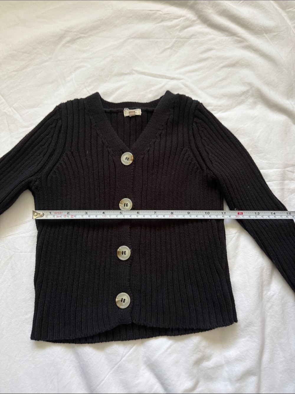 Kids Black Ribbed V-Neck Button-Front Jacket - Picture 2 of 5